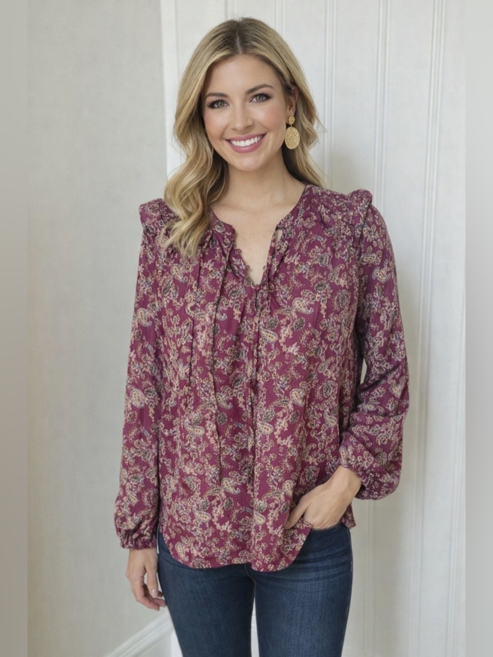 AVARA Boho Paisley Ruffle Blouse – Size Large